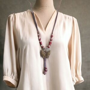 Retro Hollow‎ Copper Butterfly Pendant With Ceramic Beads Necklace Ethnic Style